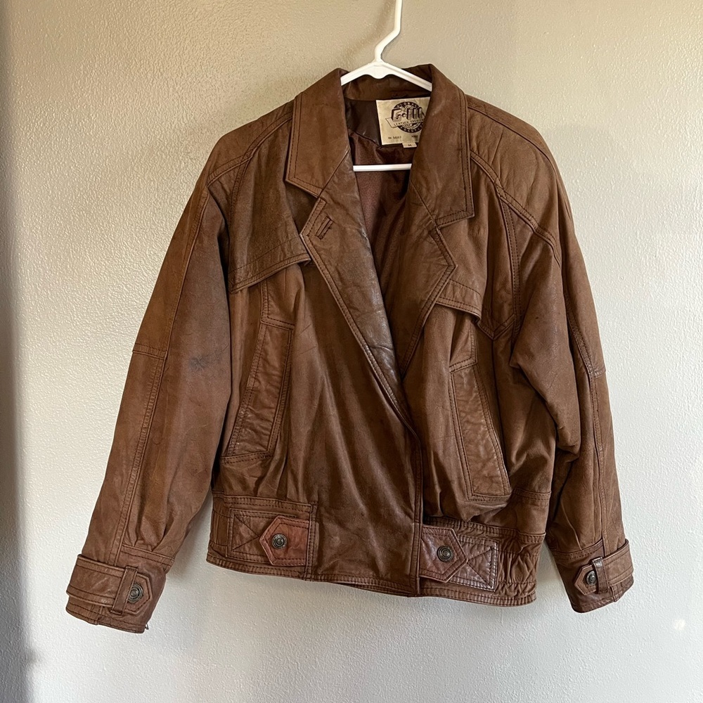 [G-III Global Identity] Vintage Brown Bomber Leather Jacket-Medium